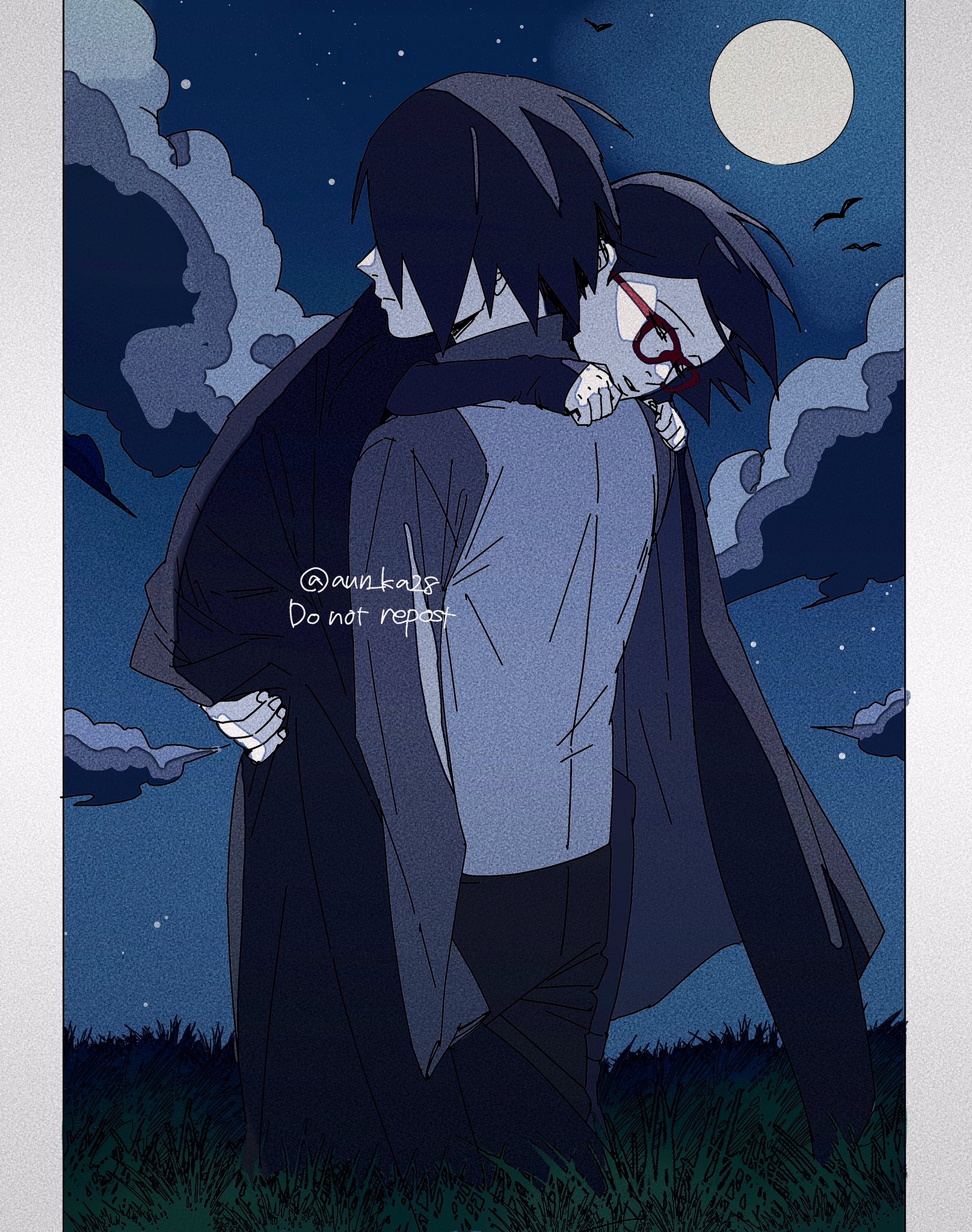 onka (aun ka28), uchiha sarada, uchiha sasuke, boruto: naruto next generations, naruto (series), commentary, highres, symbol-only commentary, 1boy, 1girl, amputee, black cloak, black hair, carrying, carrying person, cloak, cloud, father and daughter, film grain, full moon, glasses, grass, grey vest, moon, night, night sky, red-framed eyewear, simple bird, sky, tall grass, twitter username, vest