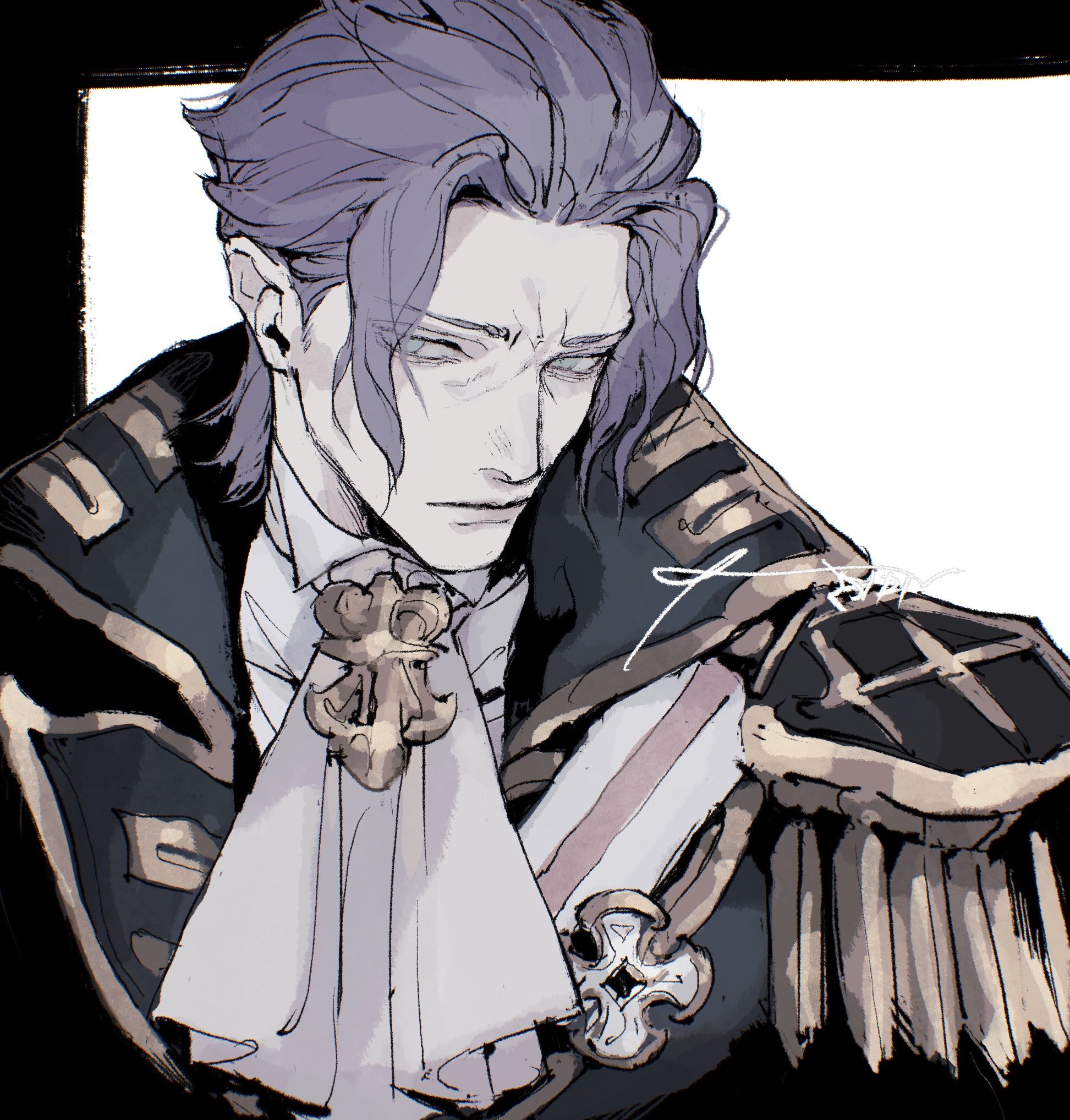 dadadadadaist, barok van zieks, ace attorney, the great ace attorney, commentary request, highres, 1boy, armor, ascot, blue hair, closed mouth, collared shirt, gold trim, grey eyes, hair slicked back, lapels, looking to the side, male focus, mystical high collar, pauldrons, shirt, shoulder armor, solo, white ascot, white shirt