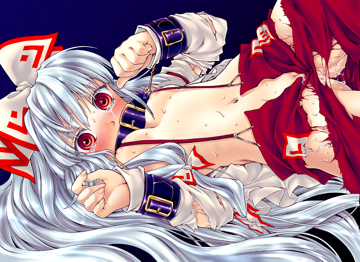 yukarigawa yumiya, fujiwara no mokou, touhou, silver hair, 1girl, bdsm, bondage, bound, breasts, collar, cuffs-to-collar, female focus, hair ribbon, hair spread out, long hair, medium breasts, pussy juice, red eyes, ribbon, solo, suspenders, tears, torn clothes