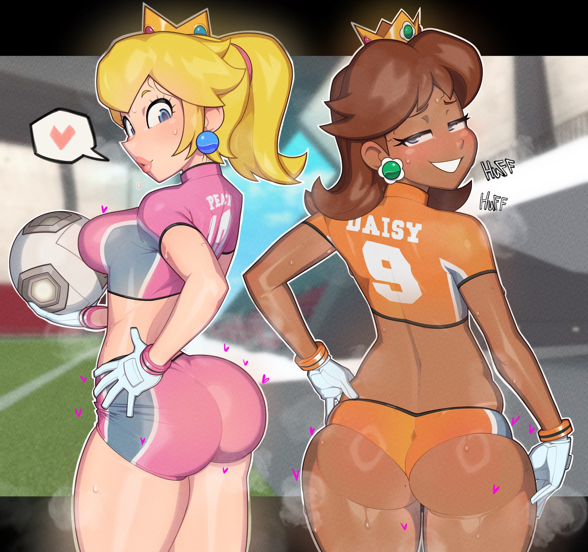 minicop2001, princess daisy, princess peach, striker daisy, striker peach, mario (series), mario strikers (series), nintendo, highres, 2girls, ass, blonde hair, blue eyes, brown hair, crop top, crown, dark-skinned female, dark skin, earrings, flower earrings, gloves, grin, image in speech bubble, jewelry, looking at viewer, looking back, midriff, multiple girls, official alternate costume, orange pants, orange shirt, pants, pink shirt, pink shorts, ponytail, shirt, short ponytail, short shorts, short sleeves, shorts, smile, soccer uniform, sound effects, speech bubble, sphere earrings, sports panties, sportswear, white gloves