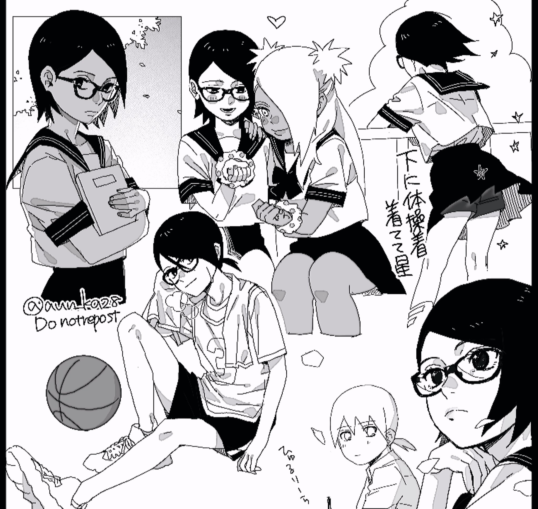 onka (aun ka28), akimichi chouchou, uchiha sarada, yamanaka inojin, boruto: naruto next generations, naruto (series), commentary request, highres, translation request, 1boy, 2girls, against railing, alternate universe, ball, basketball (object), cloud, dark-skinned female, dark skin, expressionless, frown, greyscale, hair over one eye, holding, holding notebook, light smile, miniskirt, monochrome, multiple girls, notebook, pillarboxed, pleated skirt, ponytail, railing, school uniform, scrunchie, serafuku, shirt, shoes, short hair, short ponytail, shorts, shorts under skirt, sitting, skirt, sneakers, t-shirt, towel, towel around neck, two side up, wrist scrunchie