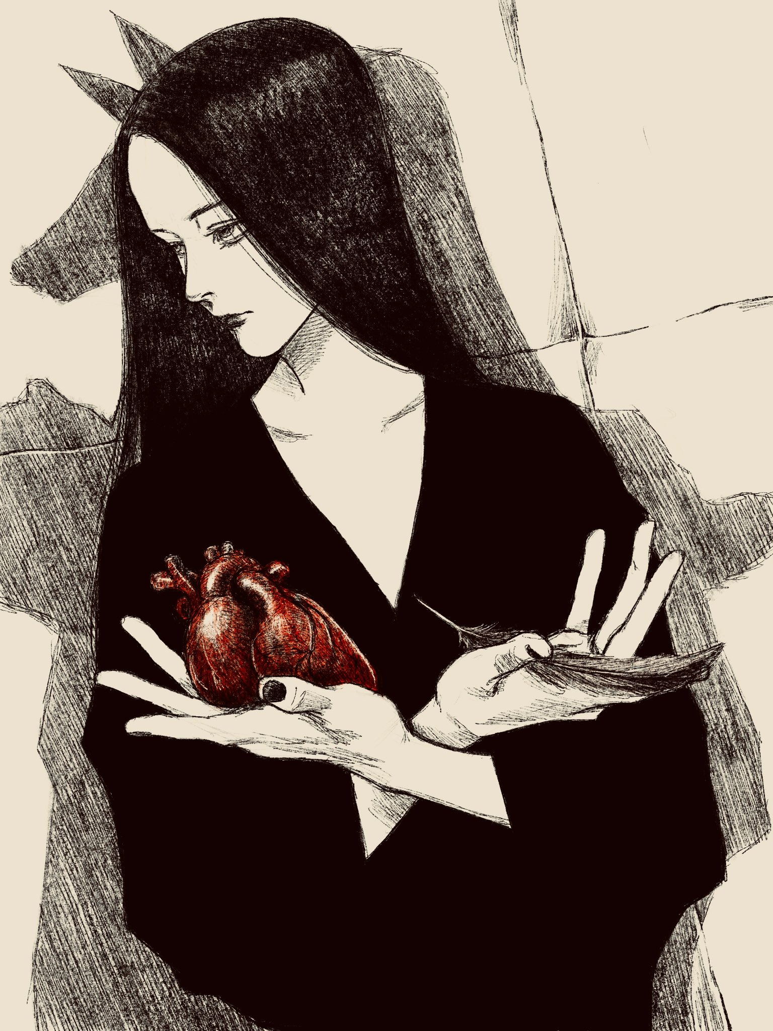 tp p pt, original, highres, 1girl, animal, black hair, black robe, different shadow, dog, feathers, heart (organ), holding, holding feather, holding heart (organ), long hair, robe, shadow, solo