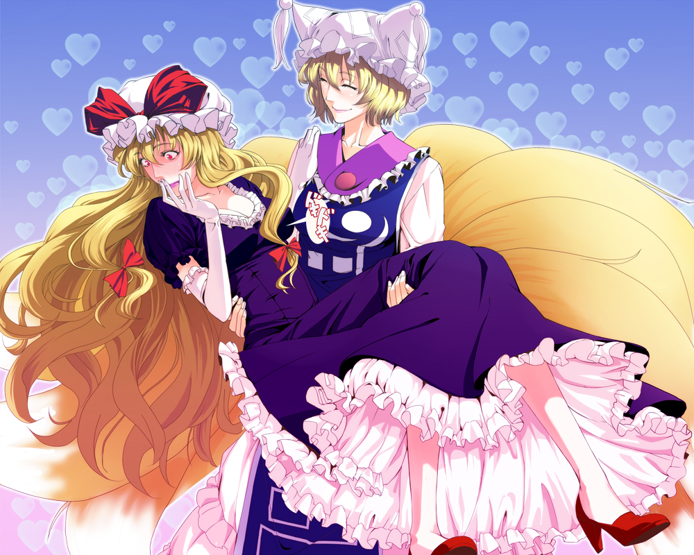 edo tatsuki, yakumo ran, yakumo yukari, touhou, 2girls, animal hat, blonde hair, bow, carrying, elbow gloves, female focus, fox tail, gloves, hair ribbon, hat, hat bow, heart, high heels, long hair, mob cap, multiple girls, multiple tails, princess carry, puffy short sleeves, puffy sleeves, red eyes, ribbon, shoes, short hair, short sleeves, tail, tassel, yuri