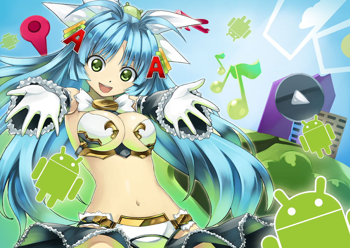 fourteen, android (os), os-tan, bad id, bad pixiv id, armor, bikini armor, blue hair, breast clinging, gloves, green eyes, solo, twintails, white gloves
