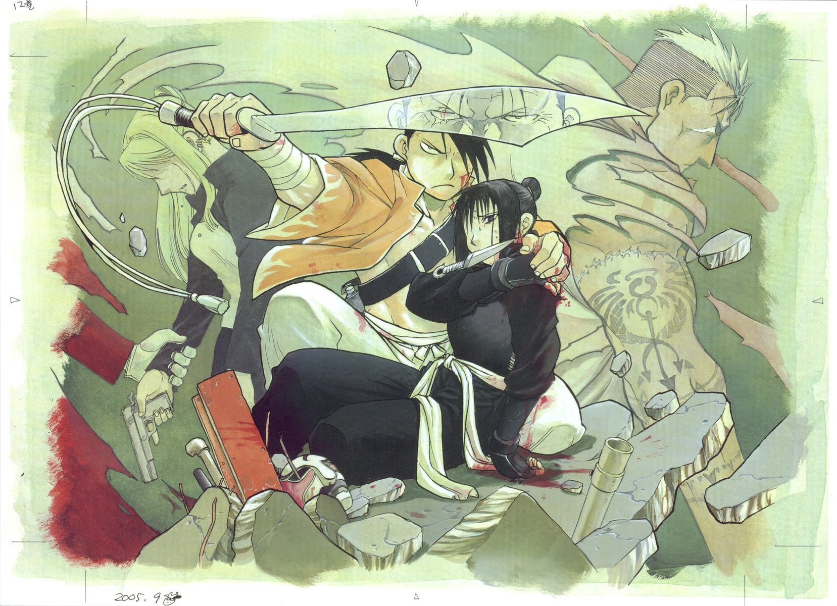 arakawa hiromu, edward elric, king bradley, lan fan, ling yao, scar (fma), winry rockbell, wrath (fma), fullmetal alchemist, homunculus, highres, official art, spoilers, 00s, 2girls, 4boys, arm tattoo, belt, black hair, blonde hair, blood, blood on clothes, blood on face, bloody weapon, blouse, cuts, dark-skinned male, dark skin, dated, frown, gloves, gun, hair bun, hair over one eye, handgun, heterochromia, holding, holding sword, holding weapon, injury, jacket, kunai, leaning on person, low ponytail, manly, mask, mouth hold, multicolored hair, multiple boys, multiple girls, muscular, on one knee, open clothes, open shirt, ponytail, red jacket, reflection, ruins, scar, scar across eye, scar on face, shaded face, shirt, single hair bun, sitting, sword, tattoo, torn clothes, two-tone hair, unworn mask, v-shaped eyebrows, weapon