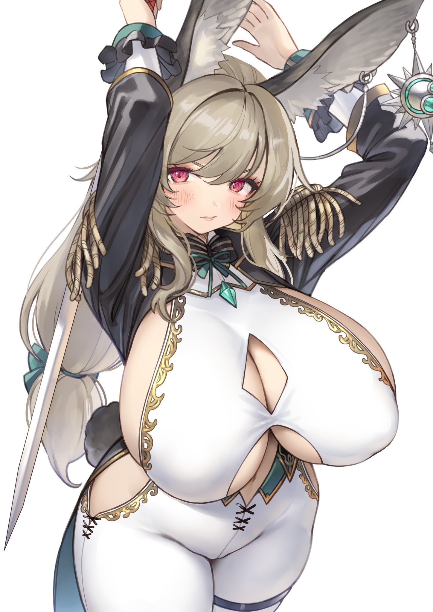 gougasha akira, hinamori rico, indie virtual youtuber, highres, 1girl, animal ears, arms up, black shrug, blush, bodysuit, bow, breasts, brooch, brown hair, center opening, cleavage, cleavage cutout, closed mouth, clothing cutout, ear piercing, epaulettes, hair bow, holding, holding sword, holding weapon, huge breasts, jewelry, long hair, looking at viewer, piercing, rabbit ears, rabbit girl, rabbit tail, red eyes, shrug (clothing), sideboob, simple background, solo, standing, sword, tail, weapon, white background, white bodysuit