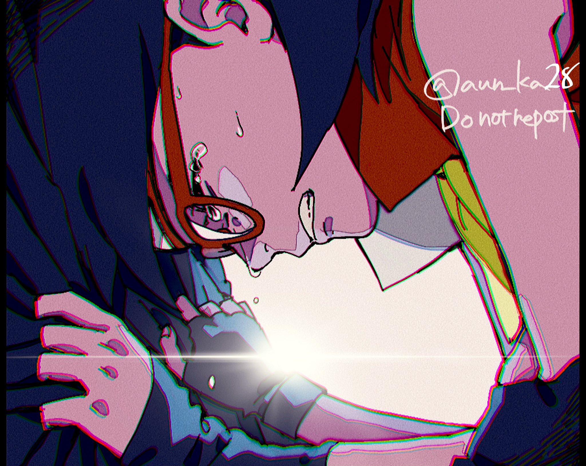 onka (aun ka28), uchiha sarada, uchiha sasuke, boruto: naruto next generations, naruto (series), commentary request, highres, 1boy, 1girl, black cloak, black gloves, black hair, chromatic aberration, clenched teeth, cloak, closed eyes, clothes grab, crying, father and daughter, fingerless gloves, glasses, gloves, lens flare, red-framed eyewear, scene reference, teeth, twitter username
