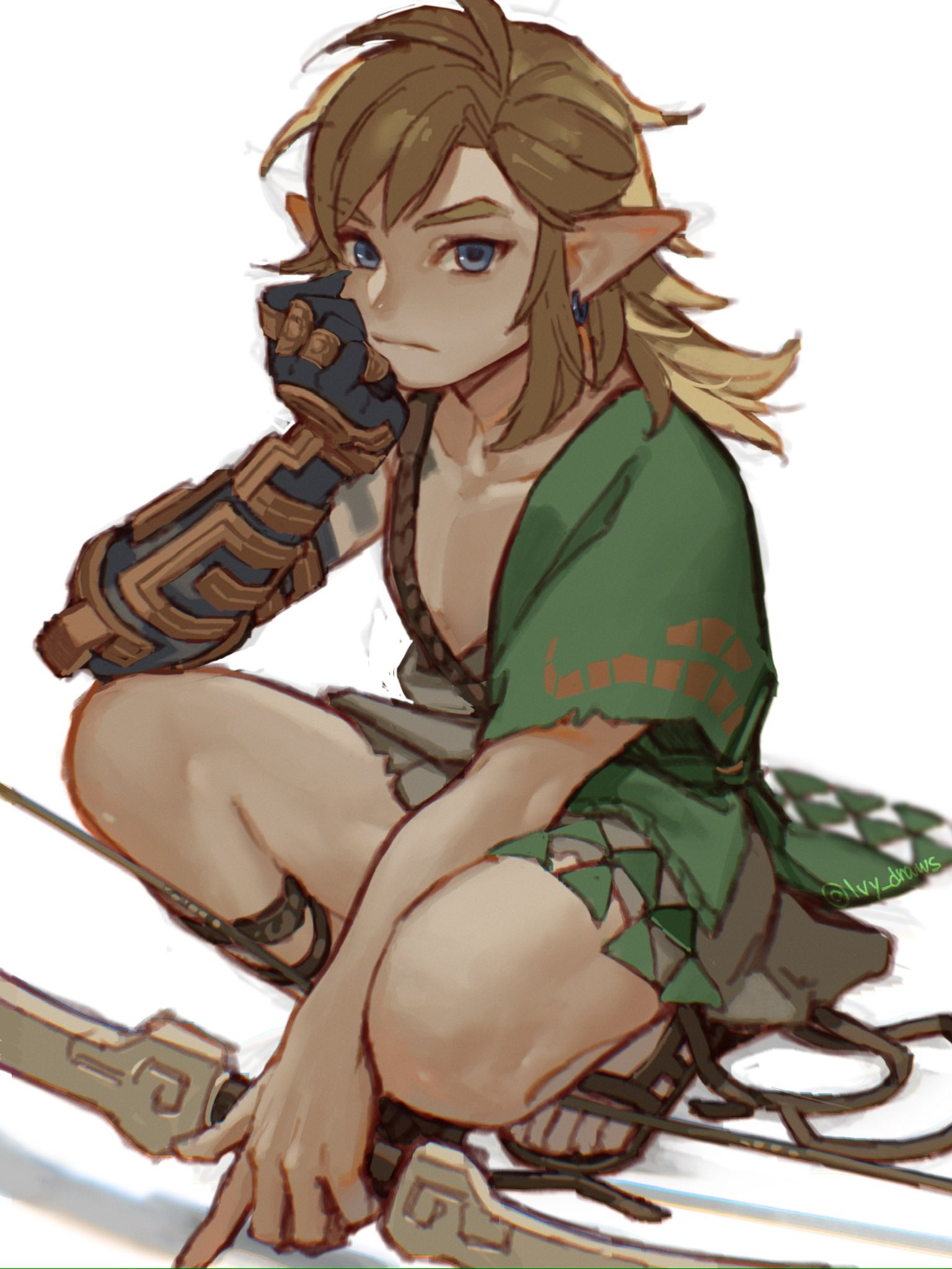 ivy (sena0119), link, nintendo, the legend of zelda, the legend of zelda: tears of the kingdom, commentary, english commentary, highres, 1boy, archaic set (zelda), asymmetrical clothes, blonde hair, blue eyes, bow (weapon), closed mouth, collarbone, earrings, elbow on knee, frown, full body, head rest, holding, holding bow (weapon), holding weapon, jewelry, long pointy ears, looking at viewer, male focus, medium hair, parted hair, piercing, pointy ears, prosthesis, prosthetic arm, rope, sandals, simple background, solo, squatting, weapon, white background