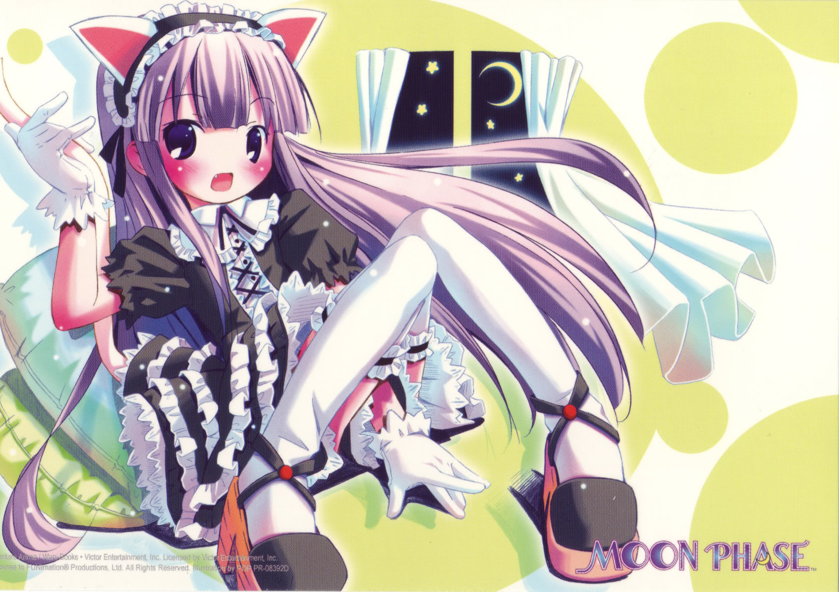 pop, hazuki (tsukuyomi), tsukuyomi moonphase, highres, scan, 00s, animal ears, cat ears, cat tail, dress, fang, gothic lolita, lolita fashion, pillow, solo, tail, thighhighs
