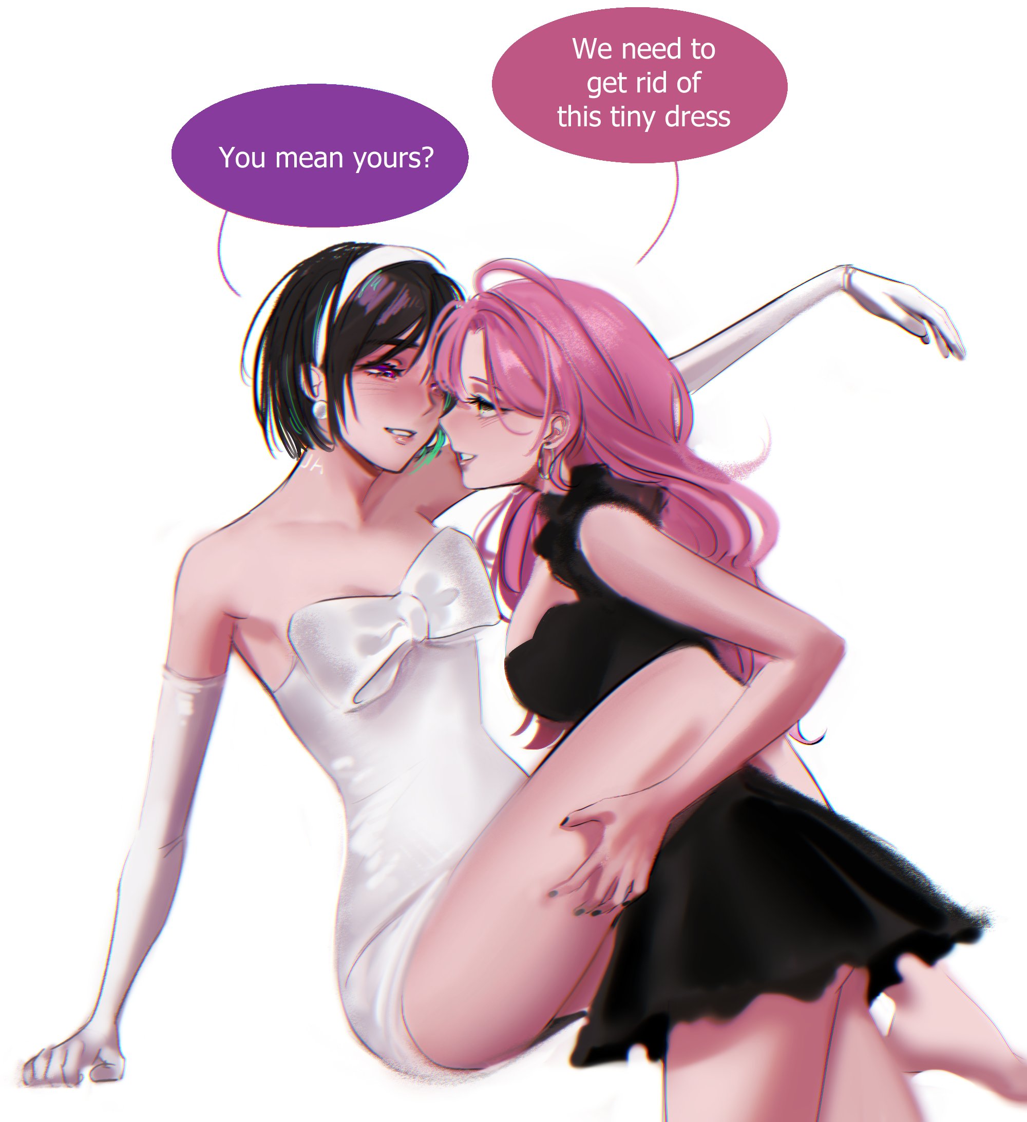 ymr18, mizi (alien stage), sua (alien stage), alien stage, commentary, english commentary, highres, 2girls, black dress, black hair, black nails, bob cut, bow, chest bow, dress, dress bow, earrings, elbow gloves, english text, frilled straps, gloves, hairband, jewelry, long hair, multiple girls, neck tattoo, pearl earrings, pink hair, prototype design, purple eyes, short hair, sitting, sphere earrings, strapless, strapless dress, tattoo, white bow, white gloves, white hairband, yellow eyes, yuri