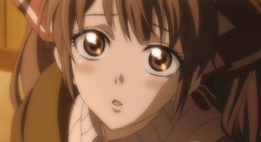 alicia melchiott, senjou no valkyria, senjou no valkyria (series), senjou no valkyria 1, animated, animated gif, anime screenshot, 00s, 1girl, blush, brown eyes, brown hair, close-up, female focus, solo