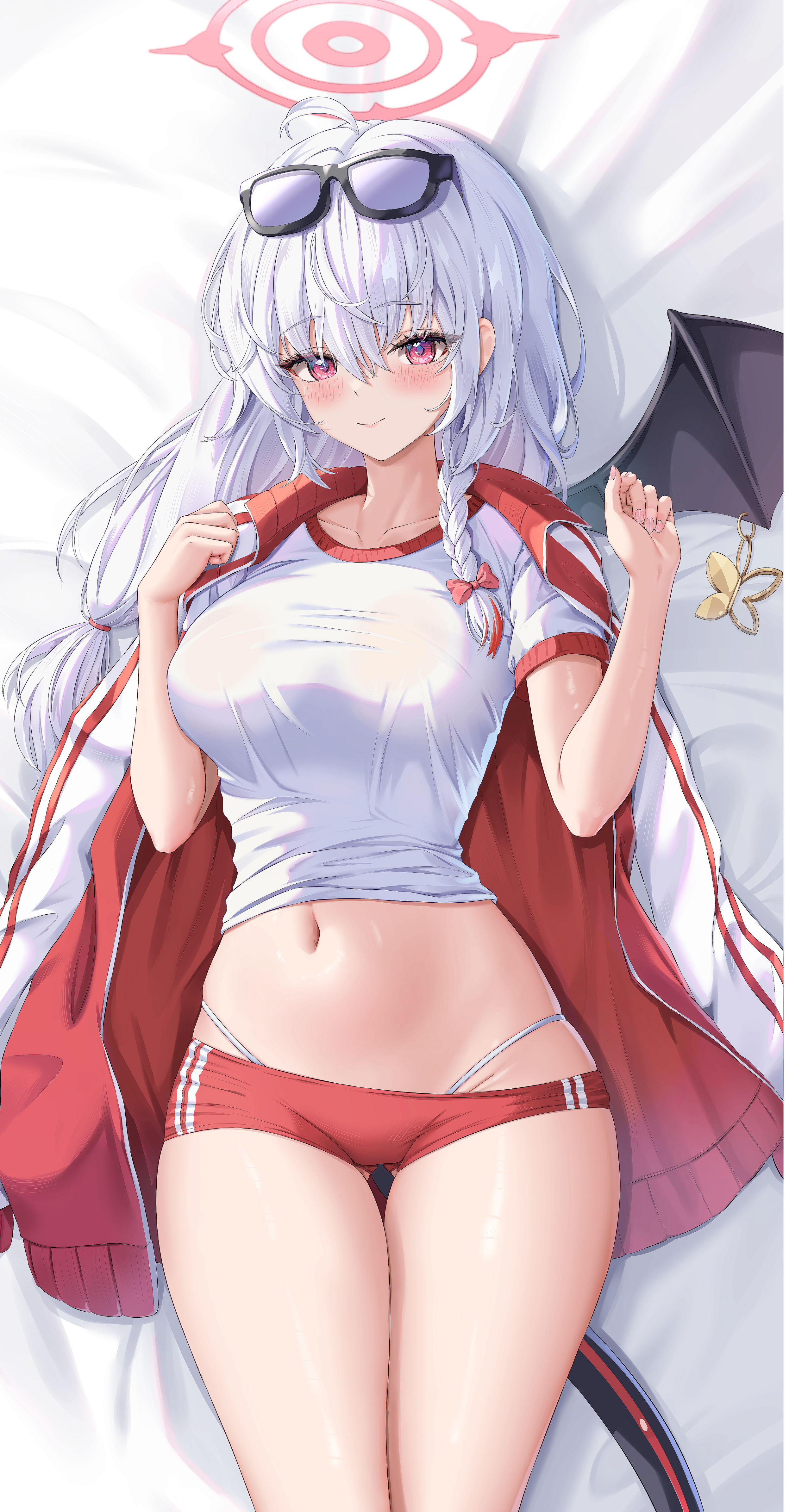 dokimaru, haruna (blue archive), haruna (track) (blue archive), blue archive, absurdres, commentary request, highres, 1girl, ahoge, breasts, buruma, dakimakura (medium), demon girl, demon tail, demon wings, eyewear on head, halo, jacket, large breasts, long hair, lying, midriff, navel, official alternate costume, on back, panties, panties under buruma, purple eyes, red buruma, red halo, red jacket, shirt, solo, tail, thighs, underwear, white hair, white panties, white shirt, wings