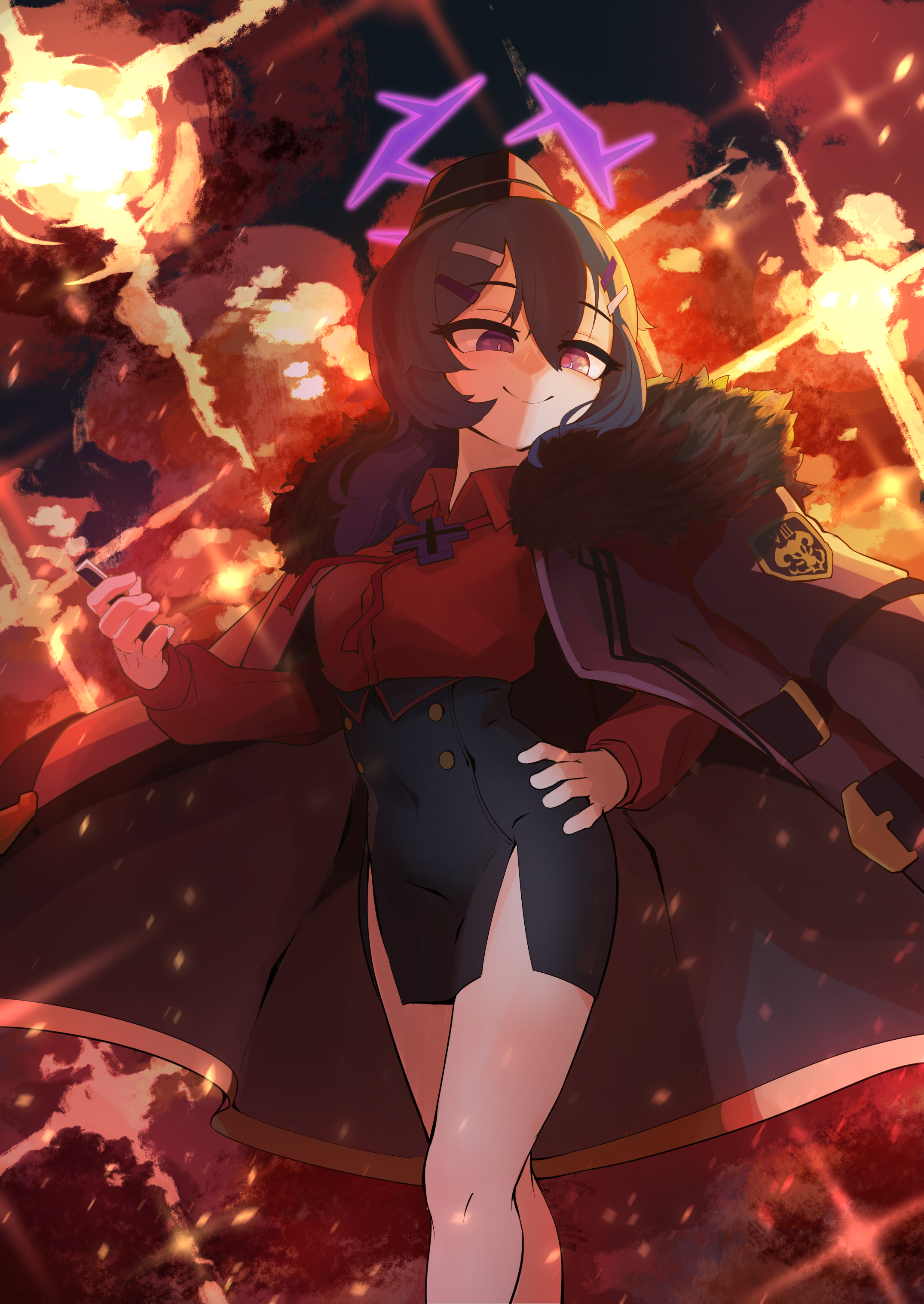 mmm5162, haruka (blue archive), blue archive, absurdres, commentary request, highres, korean commentary, 1girl, backlighting, black hat, black skirt, buttons, c:, closed mouth, coat, coat on shoulders, collared shirt, double-breasted, explosion, feet out of frame, garrison cap, hair ornament, hairclip, halo, hand on own hip, hand up, hat, looking down, neck ribbon, parallel hairclips, pencil skirt, purple eyes, purple hair, purple halo, purple pupils, red ribbon, red shirt, ribbon, shirt, side slit, sidelocks, skirt, slit pupils, smile, smug, solo, sparks, standing, thighs