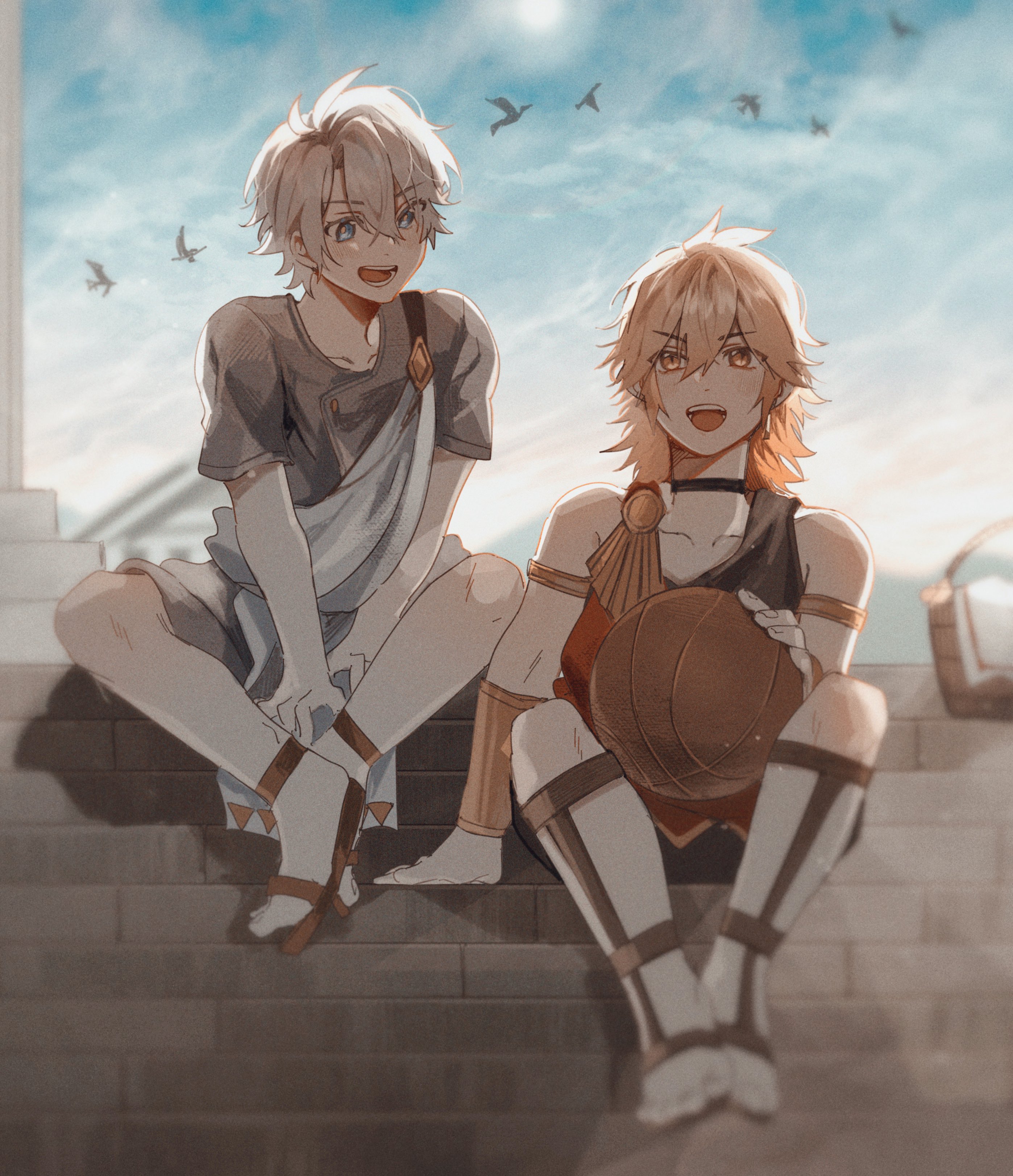 ggtnnk, mydei (a trail of bygone blood) (honkai: star rail), mydei (honkai: star rail), phainon (a dream scented in wheat) (honkai: star rail), phainon (honkai: star rail), honkai: star rail, honkai (series), absurdres, commentary, highres, symbol-only commentary, 2boys, aged down, antenna hair, basketball, bird, black shorts, black tank top, blonde hair, blue eyes, blue sky, gladiator sandals, gradient hair, grey shirt, hadanugi dousa, male focus, medium hair, multicolored hair, multiple boys, official alternate costume, open kimono, red hair, sandals, shirt, short hair, shorts, sitting, sky, tank top, vambraces, white hair, yellow eyes