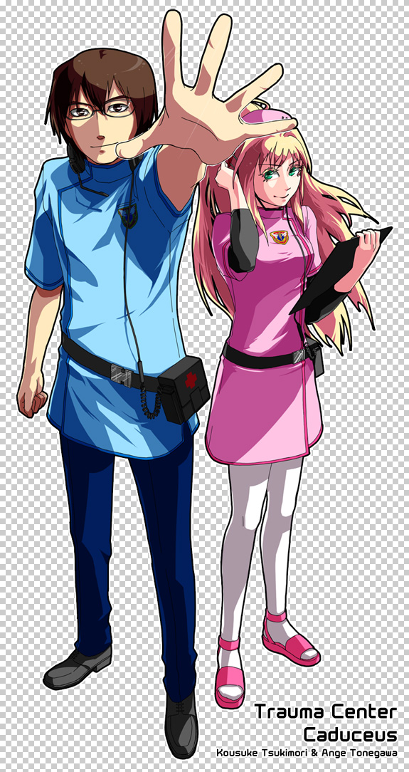 enso, satou karume, tonegawa anju, tsukimori kousuke, chou shittou caduceus, 1boy, 1girl, glasses, nurse, pantyhose, sandals, white pantyhose