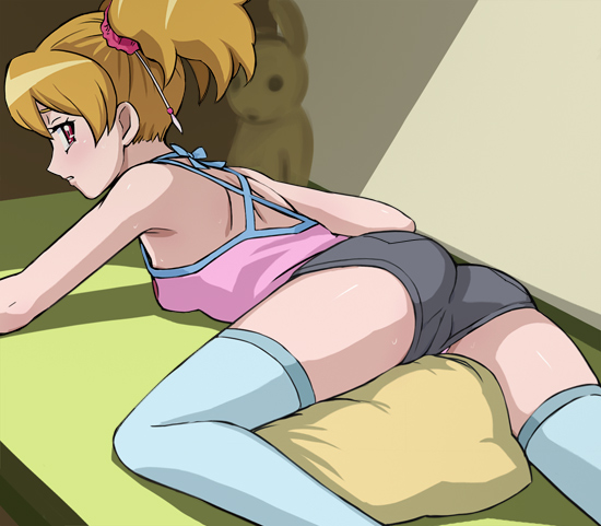 haruyama kazunori, momozono love, fresh precure!, precure, 00s, ass, backless outfit, brown hair, cameltoe, camisole, grey shorts, hair ornament, panties, pillow, pink camisole, red eyes, red scrunchie, scrunchie, shorts, solo, stuffed animal, stuffed toy, thighhighs, twintails, underwear