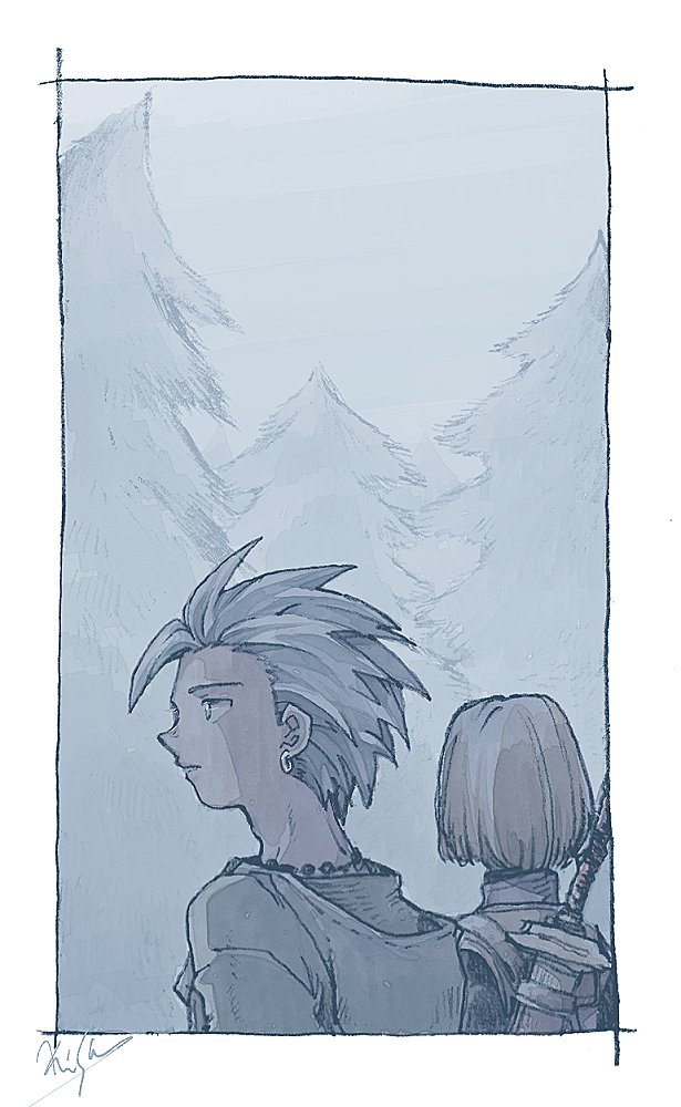 michibata 65, camus (dq11), hero (dq11), dragon quest, dragon quest xi, 2boys, artist name, bead necklace, beads, border, earrings, facing away, facing to the side, from behind, hair slicked back, hoop earrings, jewelry, male focus, multiple boys, muted color, necklace, parted lips, pine tree, short hair, straight hair, sword, sword on back, tree, weapon, weapon on back, white border