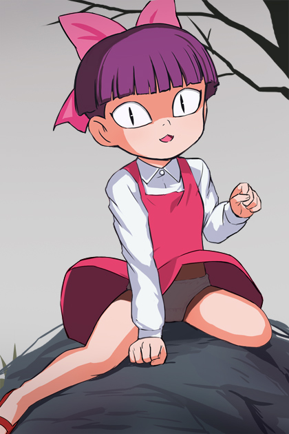 haruyama kazunori, nekomusume, gegege no kitarou, toei company, 1girl, bow, female focus, loli, long sleeves, panties, pantyshot, pink bow, purple hair, solo, underwear