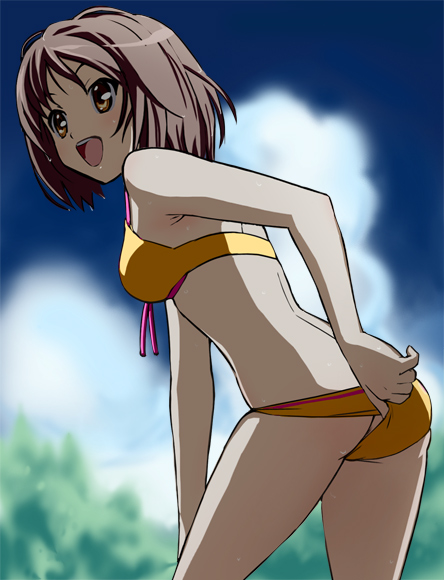 haruyama kazunori, suzumiya haruhi, suzumiya haruhi no yuuutsu, 00s, 1girl, adjusting clothes, adjusting swimsuit, anus, bikini, bikini pull, brown hair, clothes pull, cloud, day, female focus, pulling own clothes, smile, solo, swimsuit, tree, yellow bikini, yellow eyes