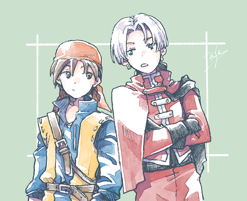 michibata 65, hero (dq8), kukuru (dq8), dragon quest, dragon quest vi, dragon quest viii, 2boys, artist name, bandana, black gloves, blue jacket, brown hair, capelet, crossed arms, earrings, gloves, green background, grey hair, hoop earrings, jacket, jewelry, male focus, multiple boys, open mouth, orange bandana, pants, parted bangs, red capelet, red jacket, red pants, upper body, vest, yellow vest
