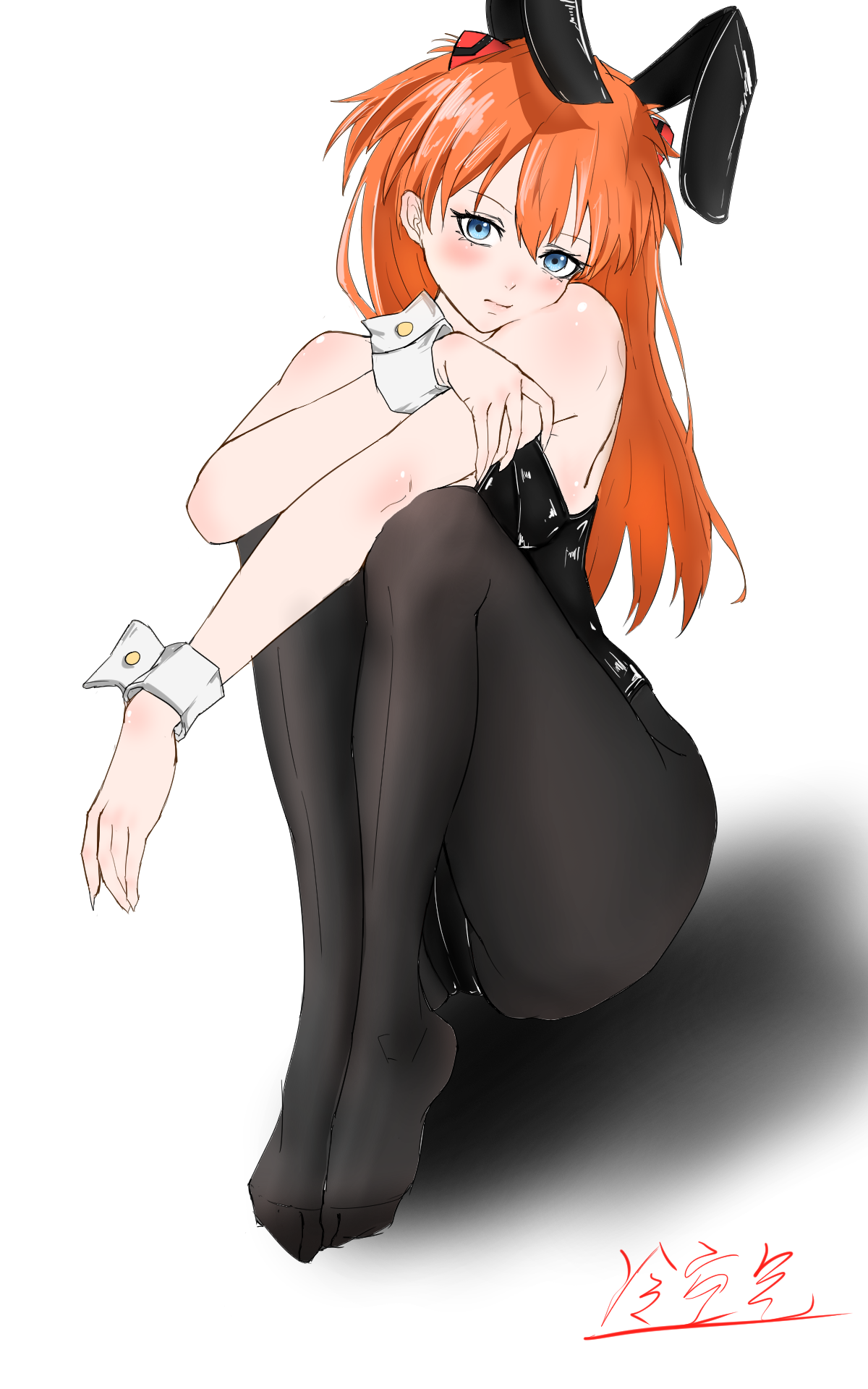 souryuu asuka langley, neon genesis evangelion, artist request, highres, 1girl, animal ears, bare shoulders, black leotard, blue eyes, bodysuit, breasts, brown hair, fake animal ears, fetal position, highleg, highleg leotard, legs together, leotard, long hair, pantyhose, playboy bunny, rabbit ears, shiny skin, sitting, solo, strapless, strapless leotard, white background, wide hips