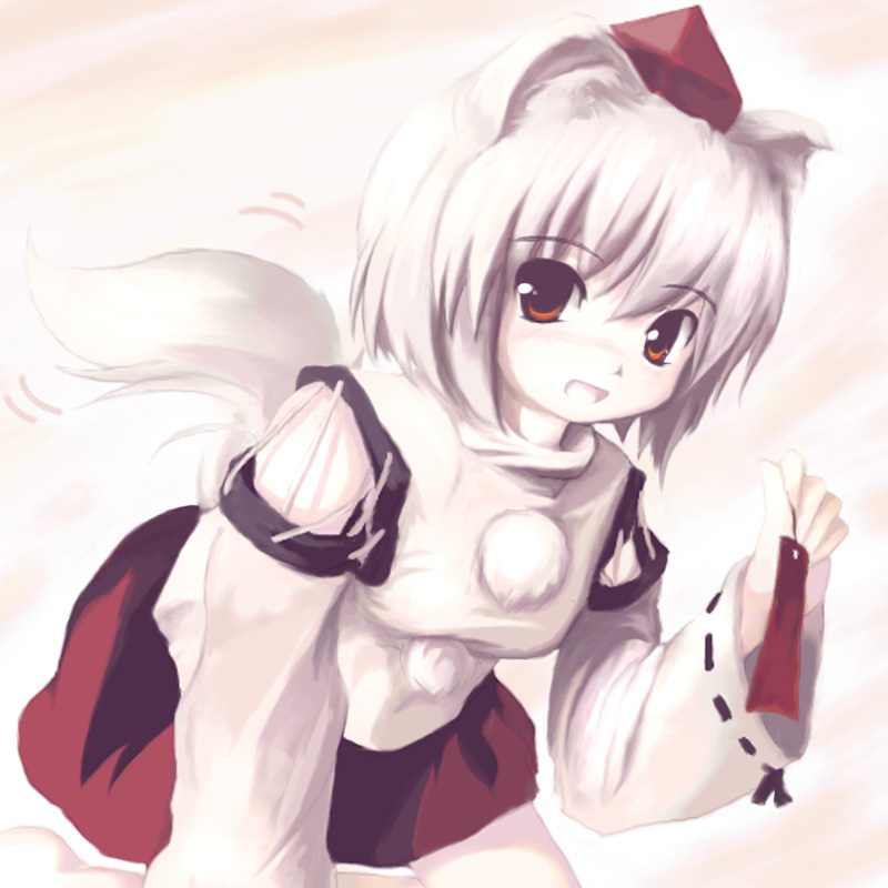tsubasa (abchipika), inubashiri momiji, touhou, 1girl, animal ears, female focus, hat, red eyes, short hair, solo, tail, tokin hat, white hair, wolf ears, wolf tail