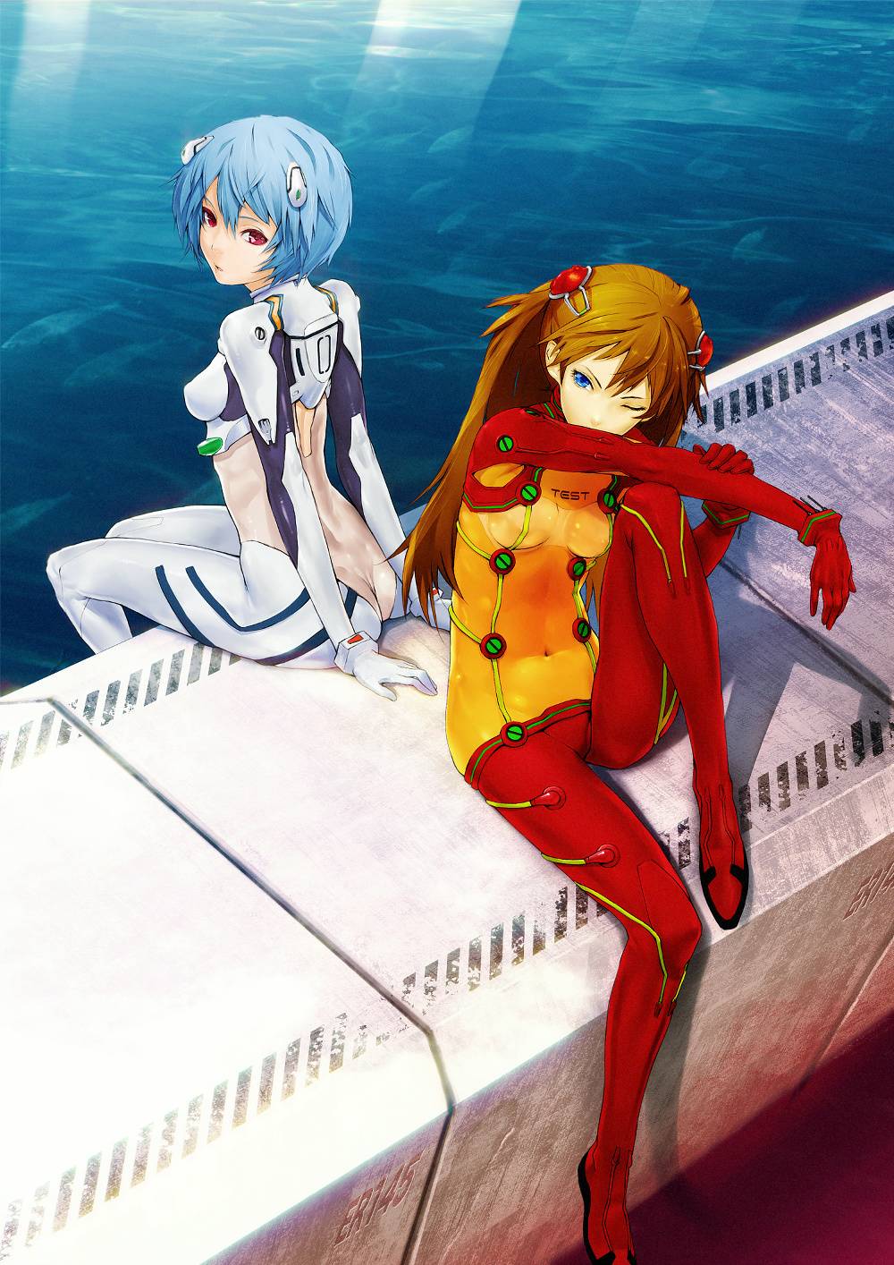 redjuice, ayanami rei, souryuu asuka langley, neon genesis evangelion, rebuild of evangelion, highres, md5 mismatch, resolution mismatch, source larger, 00s, 2girls, ass, back-to-back, blue eyes, blue hair, bodysuit, breasts, butt crack, covered erect nipples, long hair, mecha pilot suit, multiple girls, one eye closed, orange hair, plugsuit (evangelion), red eyes, red hair, short hair, sitting, small breasts, test plugsuit (evangelion), water, wink