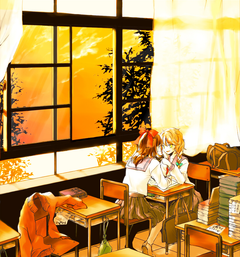 yonu (nyonu), yonu (pixiv), yonu (yonurime), hakurei reimu, kirisame marisa, touhou, 2girls, alternate costume, arm support, blonde hair, book, classroom, contemporary, desk, evening, female focus, head rest, indoors, multiple girls, school, school desk, school uniform, sitting, sunset, window