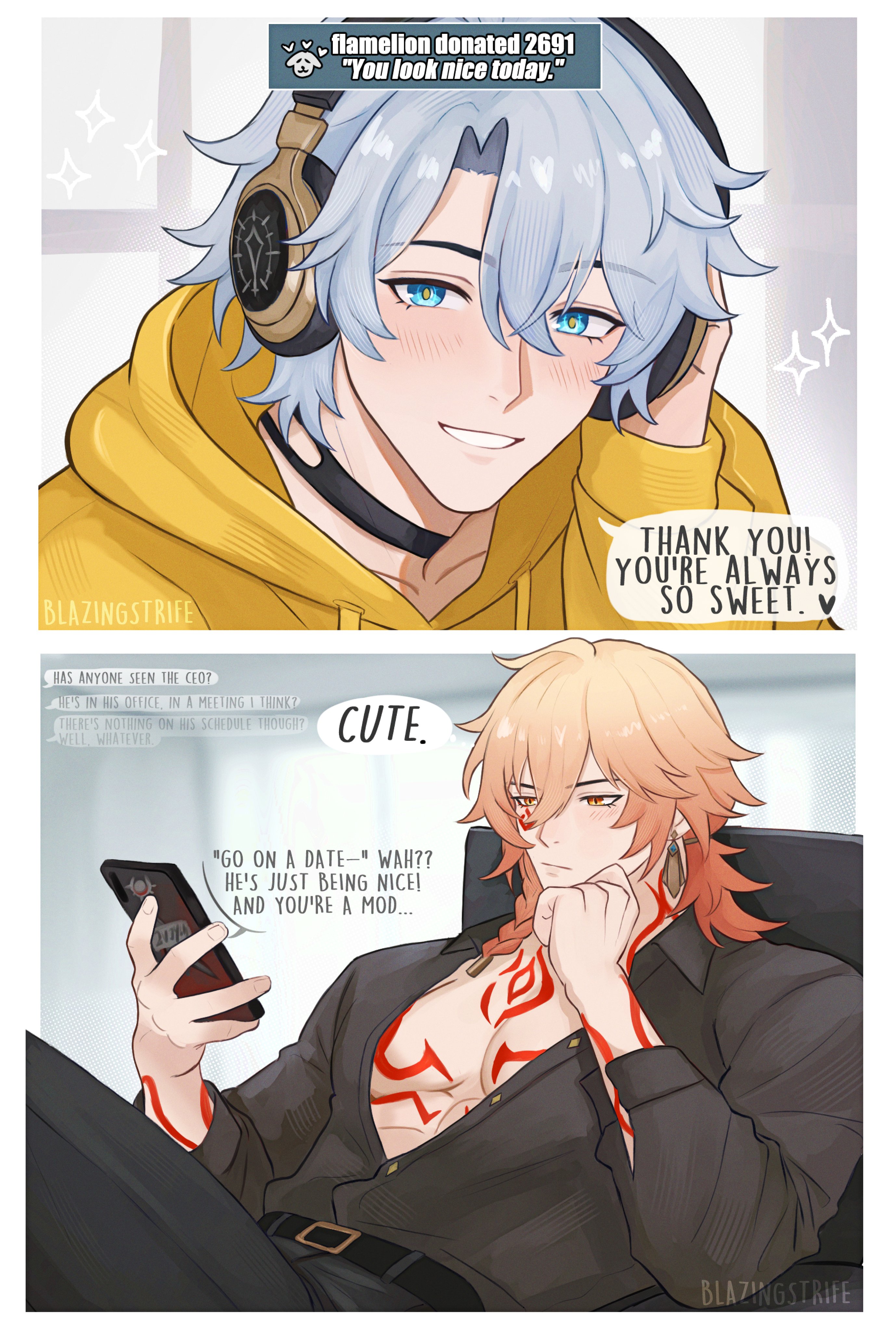 mydei (honkai: star rail), phainon (honkai: star rail), honkai: star rail, honkai (series), absurdres, commentary, english commentary, highres, 2boys, antenna hair, arm tattoo, belt, black belt, black choker, black pants, black shirt, blazingstrife, blonde hair, blue eyes, blush, braid, chest tattoo, choker, collared shirt, earrings, facial tattoo, gold earrings, gradient hair, headset, hood, hoodie, jewelry, male focus, medium hair, multicolored hair, multiple boys, pants, parted bangs, partially unbuttoned, pectoral cleavage, pectorals, red hair, red tattoo, shirt, short hair, side braid, tattoo, white hair, yaoi, yellow eyes, yellow hoodie