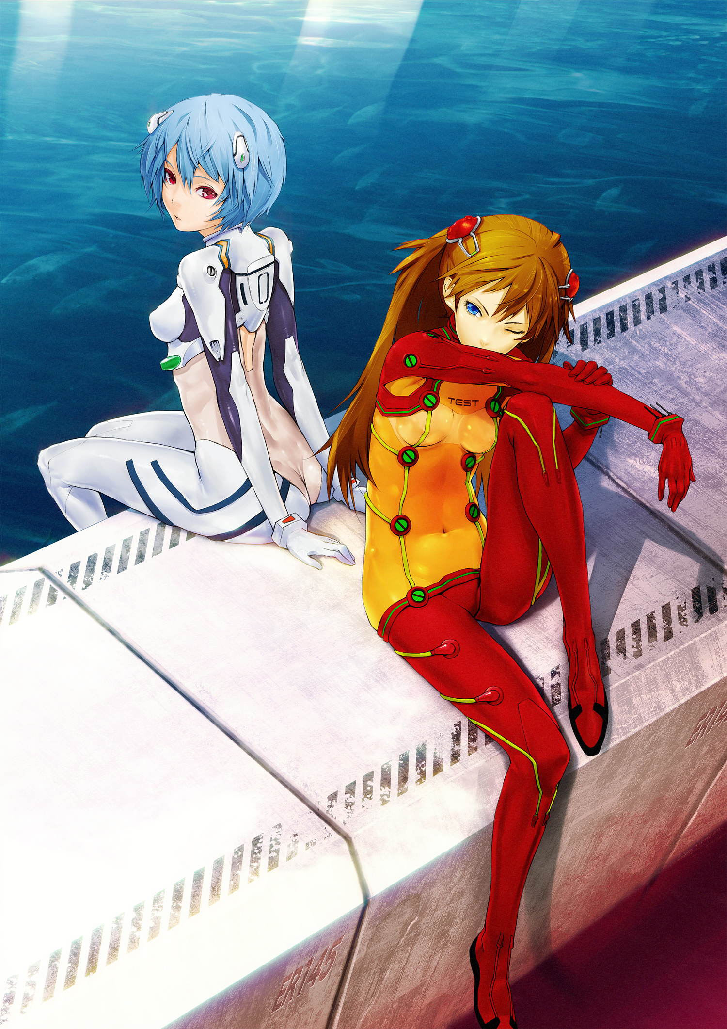 redjuice, ayanami rei, souryuu asuka langley, neon genesis evangelion, rebuild of evangelion, bad id, duplicate, highres, 00s, 2girls, ass, back-to-back, blue eyes, blue hair, bodysuit, breasts, butt crack, covered erect nipples, fish, hair ornament, long hair, looking back, mecha pilot suit, multiple girls, navel, one eye closed, orange hair, plugsuit (evangelion), red eyes, red hair, short hair, sitting, skin tight, small breasts, test plugsuit (evangelion), water, wink