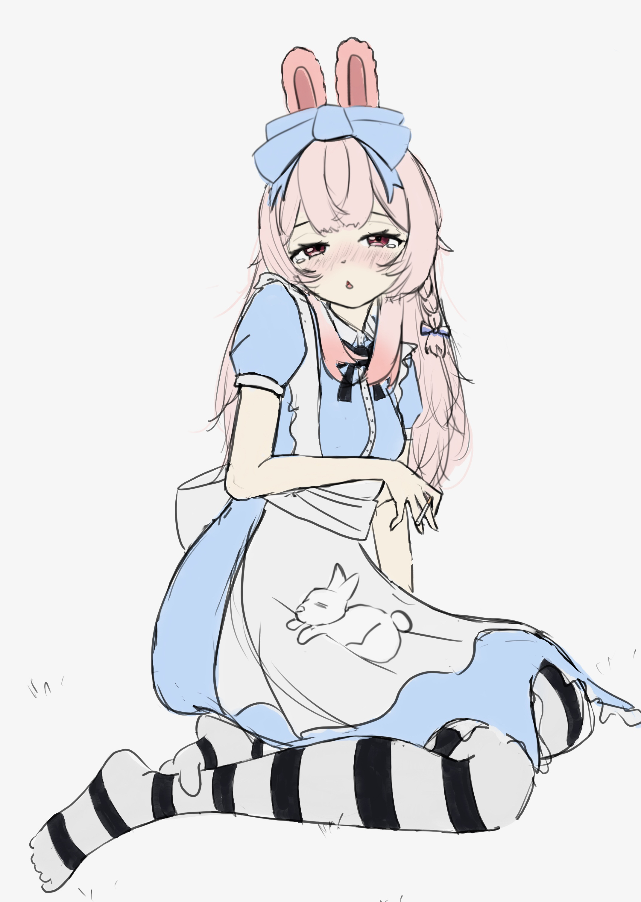 ky (ky66622), pipkin pippa, phase connect, tagme, 1girl, alice (alice in wonderland) (cosplay), animal print, blue dress, blush, bow, braid, cigarette, dress, female focus, full body, hair bow, holding, holding cigarette, long hair, looking at viewer, pantyhose, pink hair, rabbit ears, rabbit print, red eyes, short sleeves, sitting, solo, striped clothes, striped pantyhose, tears, white background