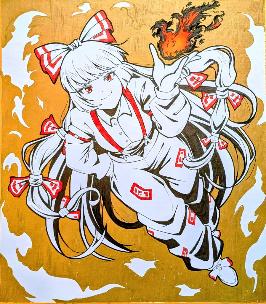 murasaki tsutsuji, fujiwara no mokou, photo (medium), 1girl, bow, full body, hair bow, hair ribbon, light smile, long hair, looking at viewer, overalls, pants, red eyes, red overalls, ribbon, solo, very long hair, white hair, white pants, white ribbon, yellow background