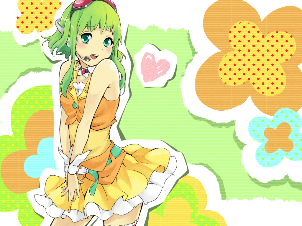 booota, gumi, vocaloid, bad id, bad pixiv id, 1girl, blush, collar, cuffs, detached collar, female focus, goggles, green eyes, green hair, headphones, headset, heart, matching hair/eyes, short hair, smile, solo, wrist cuffs