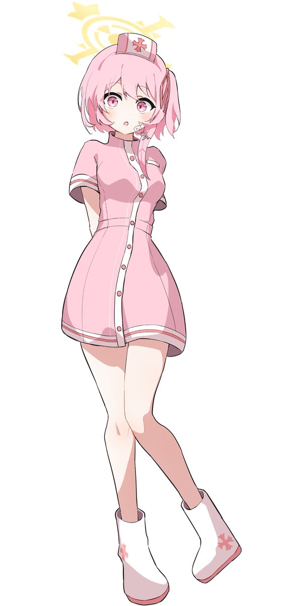 yukou sui, serina (blue archive), serina (nurse) (blue archive), blue archive, commentary, highres, 1girl, :o, arms behind back, blush, boots, buttons, dress, feather hair, full body, hair between eyes, hair ribbon, halo, hat, knees together feet apart, looking at viewer, medium hair, nurse, nurse cap, official alternate costume, one side up, open mouth, pink dress, pink eyes, pink hair, red ribbon, ribbon, short dress, short sleeves, signature, simple background, solo, standing, surprised, white background, white boots, wide-eyed, yellow halo