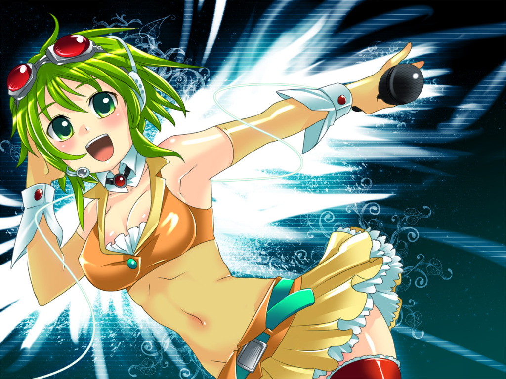 caffein, gumi, megu megu fire endless night (vocaloid), vocaloid, resized, 1girl, :d, armpits, belt, blush, breasts, choker, cleavage, cuffs, elbow gloves, female focus, frills, gloves, goggles, green eyes, green hair, headset, matching hair/eyes, microphone, midriff, open mouth, samfree ("night" songs), see-through clothes, short hair, smile, solo, thighhighs, wings, wrist cuffs, zettai ryouiki