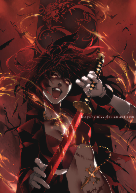 ein lee, original, 1girl, bikini, bikini top only, crazy, cross, dragon, female focus, gradient hair, jewelry, multicolored hair, necklace, smiley face, solo, swimsuit, sword, weapon