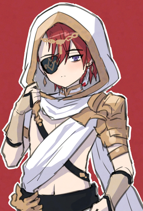 mauve, copyright request, cape, closed mouth, eyepatch, hair between eyes, hand up, hood, hood up, hooded cape, looking at viewer, navel, purple eyes, red background, red hair, solo, white cape