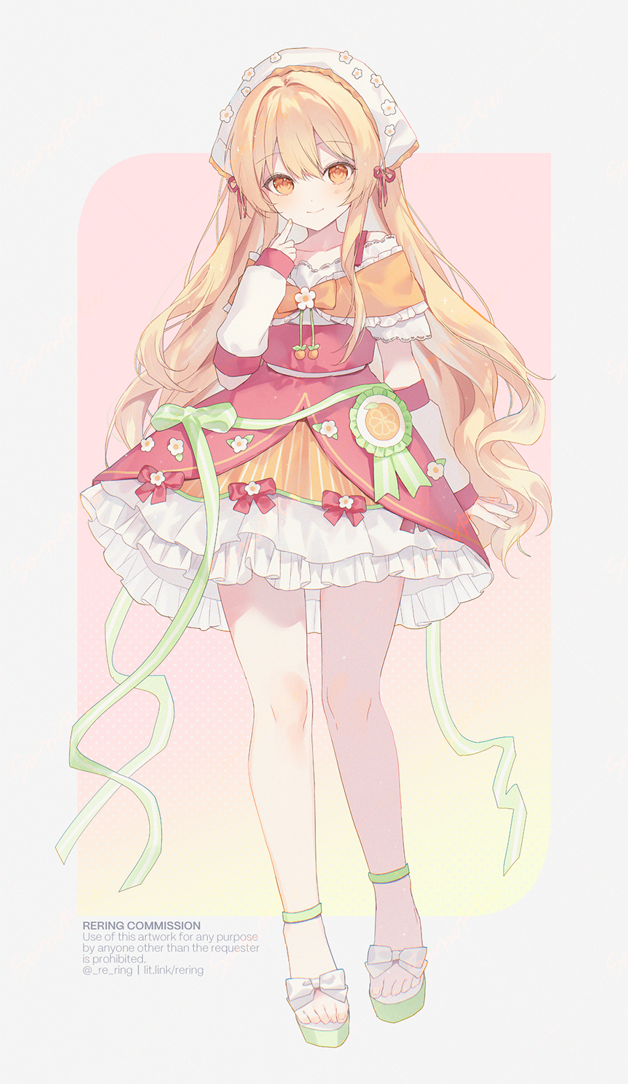 silltare, original, commentary request, commission, highres, 1girl, blonde hair, border, bow, closed mouth, collarbone, detached sleeves, dress, english text, full body, green sandals, grey border, hair between eyes, hand up, long hair, long sleeves, looking at viewer, orange eyes, pink background, puffy long sleeves, puffy sleeves, red bow, red dress, sandals, sleeves past wrists, smile, solo, standing, very long hair, watermark