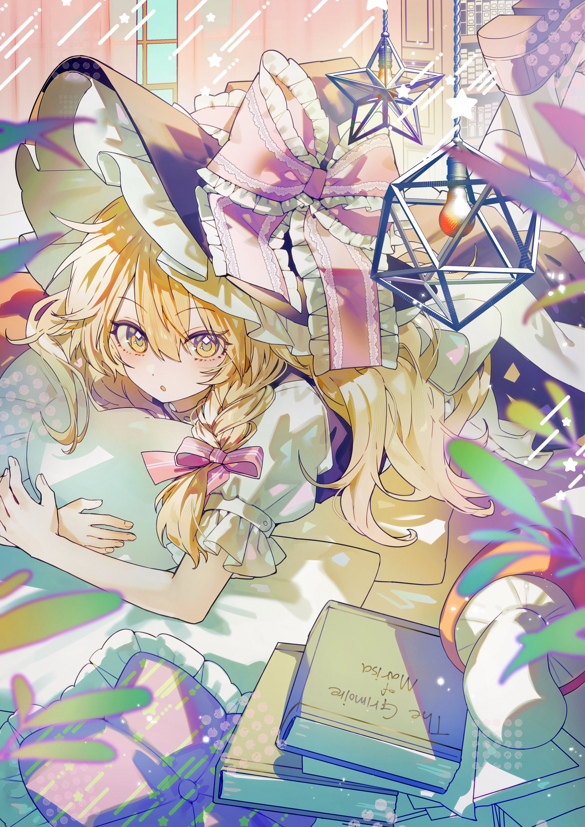 here (hr rz ggg), kirisame marisa, touhou, absurdres, hashtag-only commentary, highres, 1girl, :o, black hat, black shoes, blonde hair, book, bow, braid, frilled bow, frills, hair between eyes, hair bow, hanging light, hat, hat bow, hugging object, icosahedron, indoors, light bulb, long hair, looking at viewer, lying, mushroom, on stomach, paper, pillow, pillow hug, pink bow, puffy short sleeves, puffy sleeves, shirt, shoes, short sleeves, side braid, single braid, socks, solo, star (symbol), the pose, white shirt, white socks, witch hat, yellow eyes