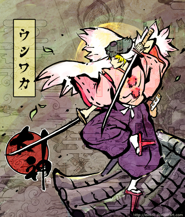 ein lee, ushiwakamaru (ookami), ookami (game), 1boy, blonde hair, fine art parody, geta, japanese clothes, katana, male focus, moon, nihonga, parody, rooftop, sandals, solo, sword, tengu-geta, ukiyo-e, weapon