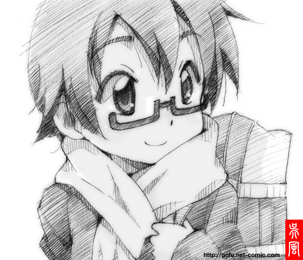 gofu, manabe nodoka, k-on!, traditional media, 00s, 1girl, backpack, bag, female focus, glasses, greyscale, monochrome, randoseru, scarf, solo, spot color, white background