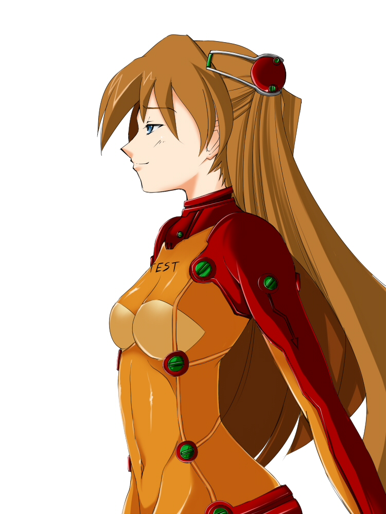 kojou, souryuu asuka langley, neon genesis evangelion, rebuild of evangelion, bad id, bad pixiv id, 00s, 1girl, blue eyes, bodysuit, breasts, brown hair, cleavage, female focus, long hair, mecha pilot suit, navel, plugsuit (evangelion), see-through cleavage, see-through clothes, simple background, solo, test plugsuit (evangelion), white background