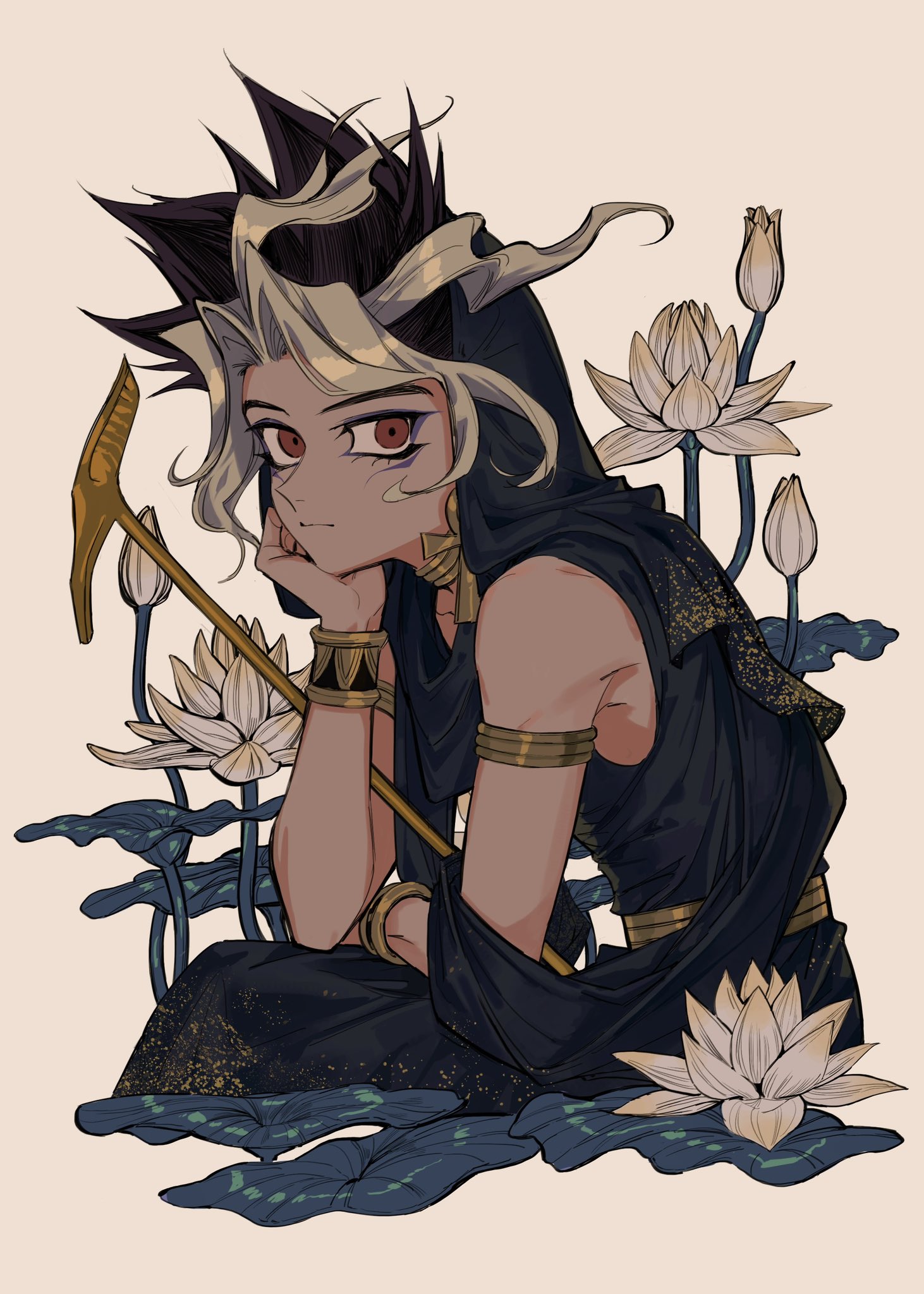 papaya0813, atem, yu-gi-oh!, yu-gi-oh! duel monsters, highres, 1boy, armlet, black robe, blonde hair, bracelet, closed mouth, elbow on knee, floating hair, flower, hood, hood up, hooded robe, jewelry, looking to the side, lotus, male focus, mole, mole under eye, multicolored hair, purple hair, red eyes, robe, sideways glance, simple background, solo, staff, white flower