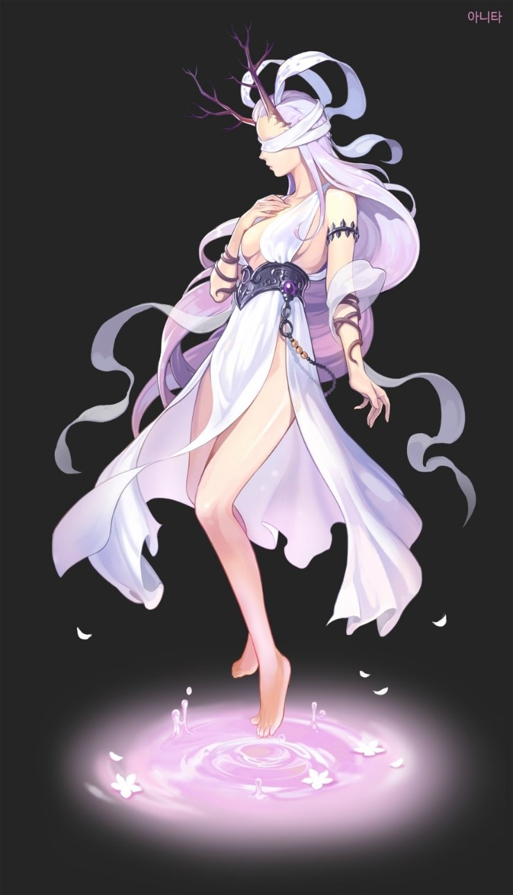 sang ah yoon, nexon, tales weaver, commentary request, highres, korean commentary, official art, 1girl, anita (tales weaver), armlet, bare legs, beads, black background, blindfold, branch, breasts, brown horns, character name, cleavage cutout, closed mouth, clothing cutout, collarbone, cross-laced armwear, dress, flower, full body, gem, hagoromo, hand on own chest, horns, jewelry, long hair, medium breasts, o-ring, pelvic curtain, profile, purple gemstone, purple hair, shawl, silver armlet, simple background, solo, straight hair, toes, very long hair, water drop, white dress, white flower, white petals