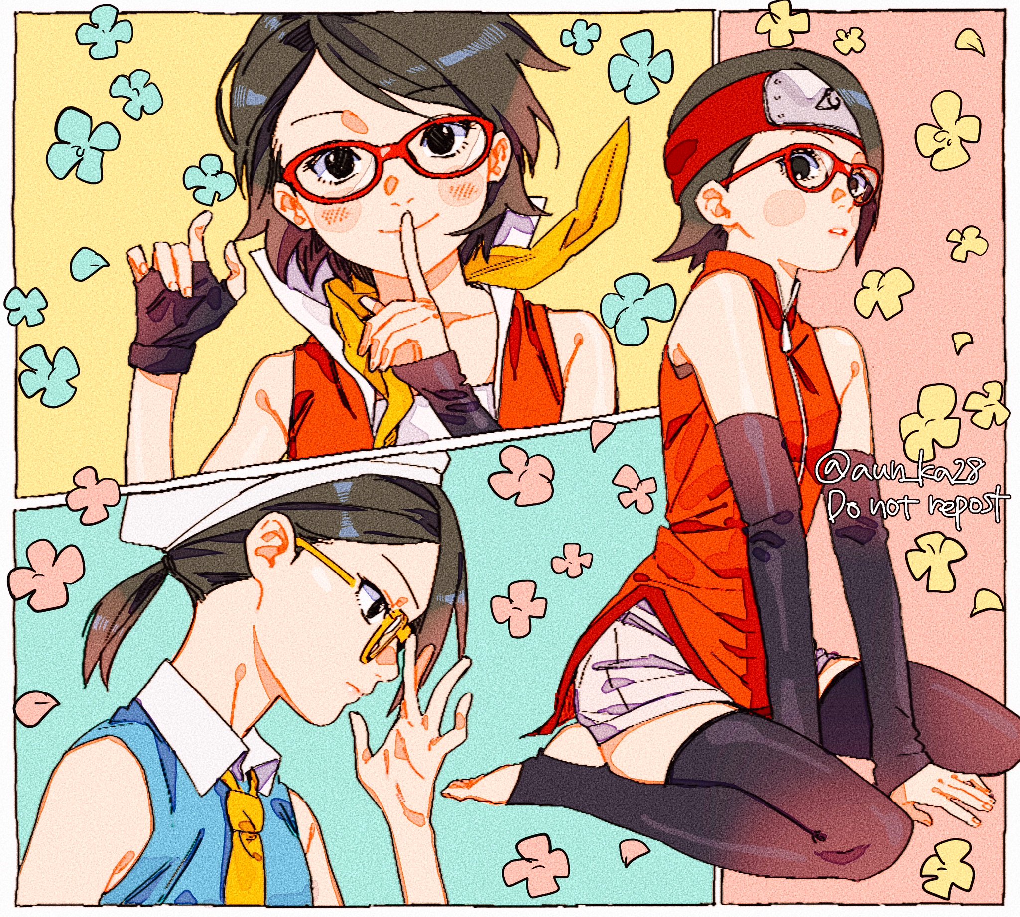 onka (aun ka28), uchiha sarada, boruto: naruto next generations, naruto (series), commentary, highres, symbol-only commentary, 1girl, adjusting eyewear, black eyes, black hair, black thighhighs, detached sleeves, dress, finger to mouth, fingerless gloves, forehead protector, glasses, gloves, headband, neckerchief, ponytail, red-framed eyewear, red dress, red headband, short dress, short hair, short shorts, shorts, shorts under dress, shushing, single fingerless glove, sitting, sleeves past wrists, stirrup legwear, thighhighs, toeless legwear, twitter username, wariza, watermark, yellow-framed eyewear, yellow neckerchief