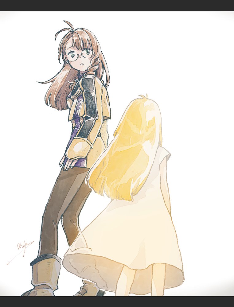 michibata 65, nephilim (xenosaga), shion uzuki, xenosaga, xenosaga episode i, 2girls, ahoge, antenna hair, artist name, black border, black pants, blonde hair, boots, border, braid, breasts, brown boots, brown hair, dress, glasses, jacket, long hair, looking at another, medium breasts, multiple girls, pants, parted bangs, parted lips, side braid, sleeveless, sleeveless dress, white background, white dress, yellow jacket