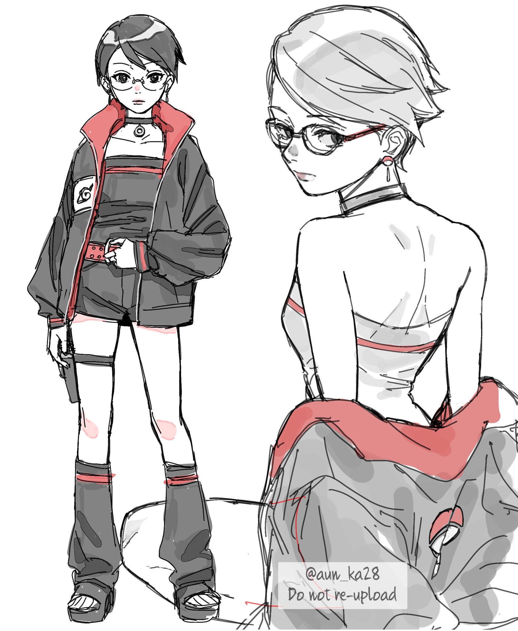 onka (aun ka28), uchiha sarada, boruto: two blue vortex, naruto (series), commentary request, highres, 1girl, bare shoulders, black choker, black eyes, black hair, black jacket, black sandals, black shorts, black socks, black tube top, breasts, choker, earrings, glasses, jacket, jewelry, konohagakure symbol, loose socks, pouch, sandals, short shorts, shorts, small breasts, socks, strapless, thigh pouch, tube top, uchiha symbol