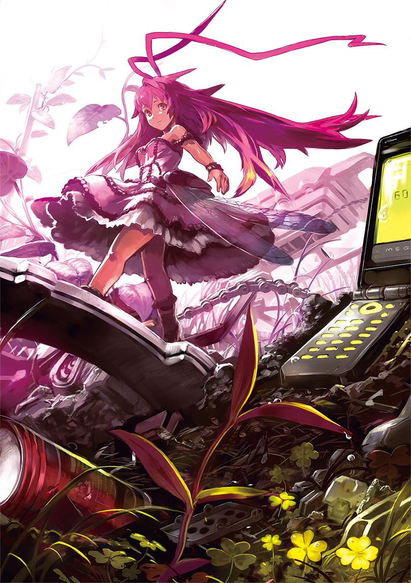 won (toufunokado), pixiv festa, 1girl, antenna hair, bare shoulders, breasts, cellphone, clover, dress, female focus, four-leaf clover, frills, insect wings, leaf, long hair, medium breasts, mini person, minigirl, phone, pink eyes, pink hair, pink theme, plant, skirt, solo, strapless, strapless dress, very long hair, wings