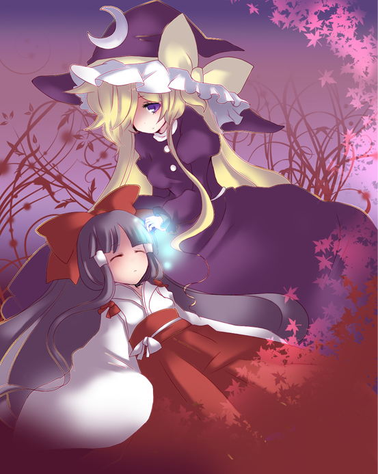 pecoe, hakurei reimu, hakurei reimu (pc-98), kirisame marisa, kirisame marisa (pc-98), lotus land story, phantasmagoria of dim.dream, touhou, touhou (pc-98), 2girls, black hair, blonde hair, bow, closed eyes, female focus, hair bow, hair over one eye, hat, japanese clothes, long hair, miko, multiple girls, purple eyes, sleeping, witch, witch hat