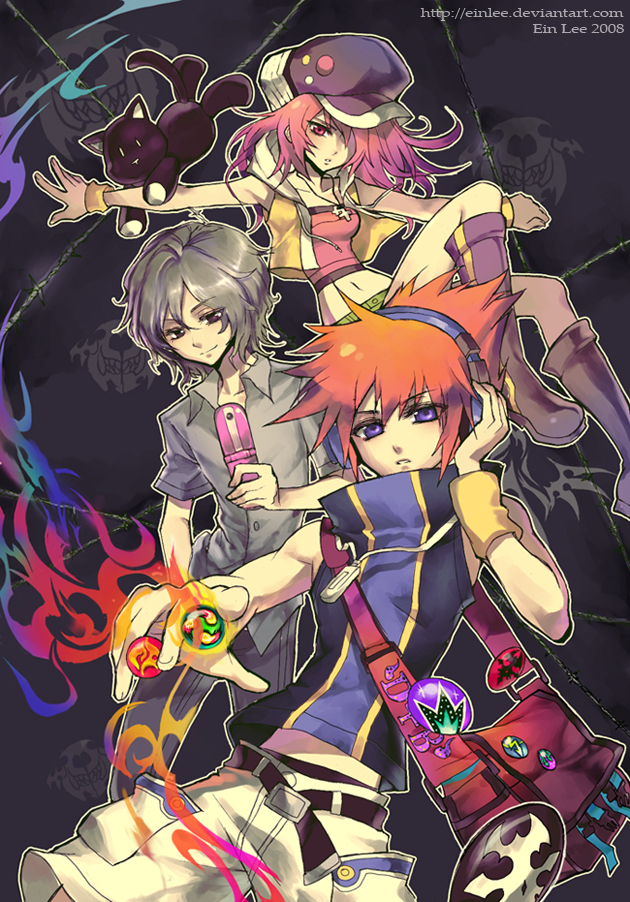 ein lee, kiryu yoshiya, misaki shiki, nyantan, sakuraba neku, subarashiki kono sekai, screencap, silver hair, 1girl, 2boys, cellphone, hat, lapel pin, midriff, miniskirt, multiple boys, newsboy cap, orange hair, phone, pin, purple eyes, red eyes, red hair, skirt